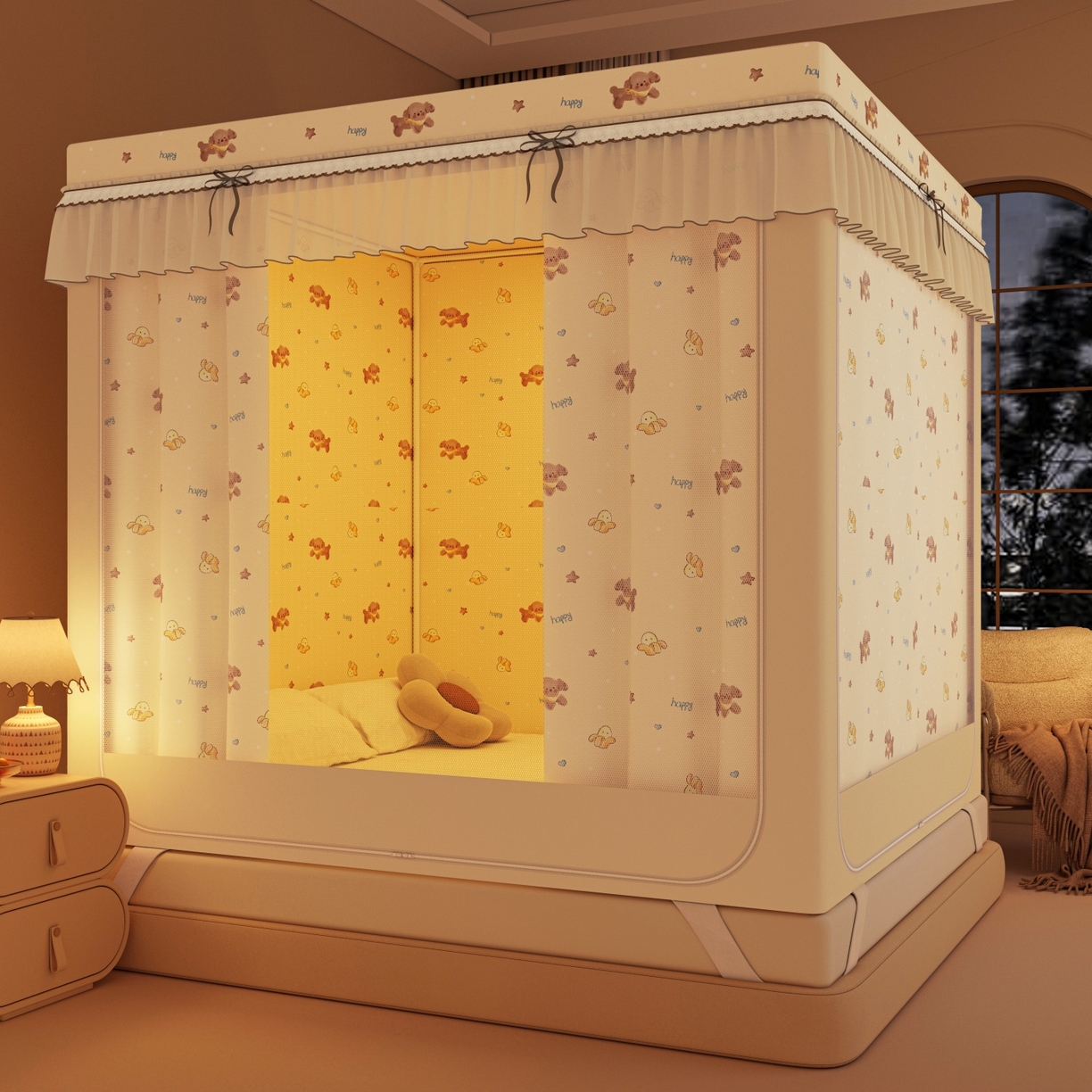 91家纺网 家纺一手货源 找家纺 艾晶美家纺有限公司 2025新款韩版卡通印花坐式蚊帐布帘款 香蕉泰迪