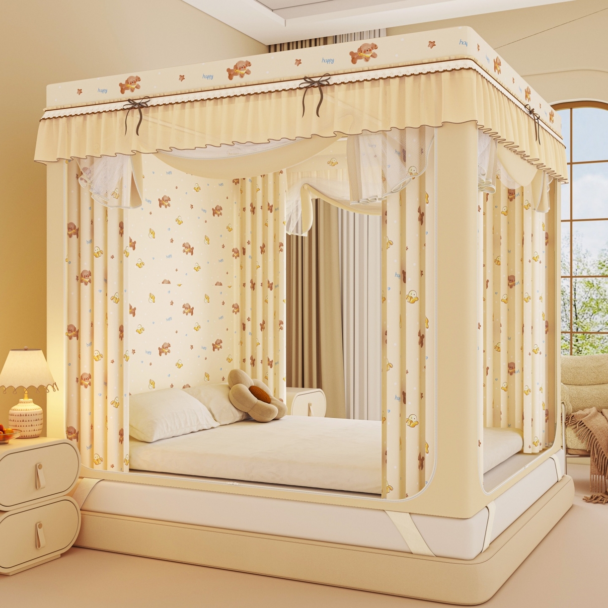 91家纺网 家纺一手货源 找家纺 艾晶美家纺有限公司 2025新款韩版卡通印花坐式蚊帐布帘款 香蕉泰迪