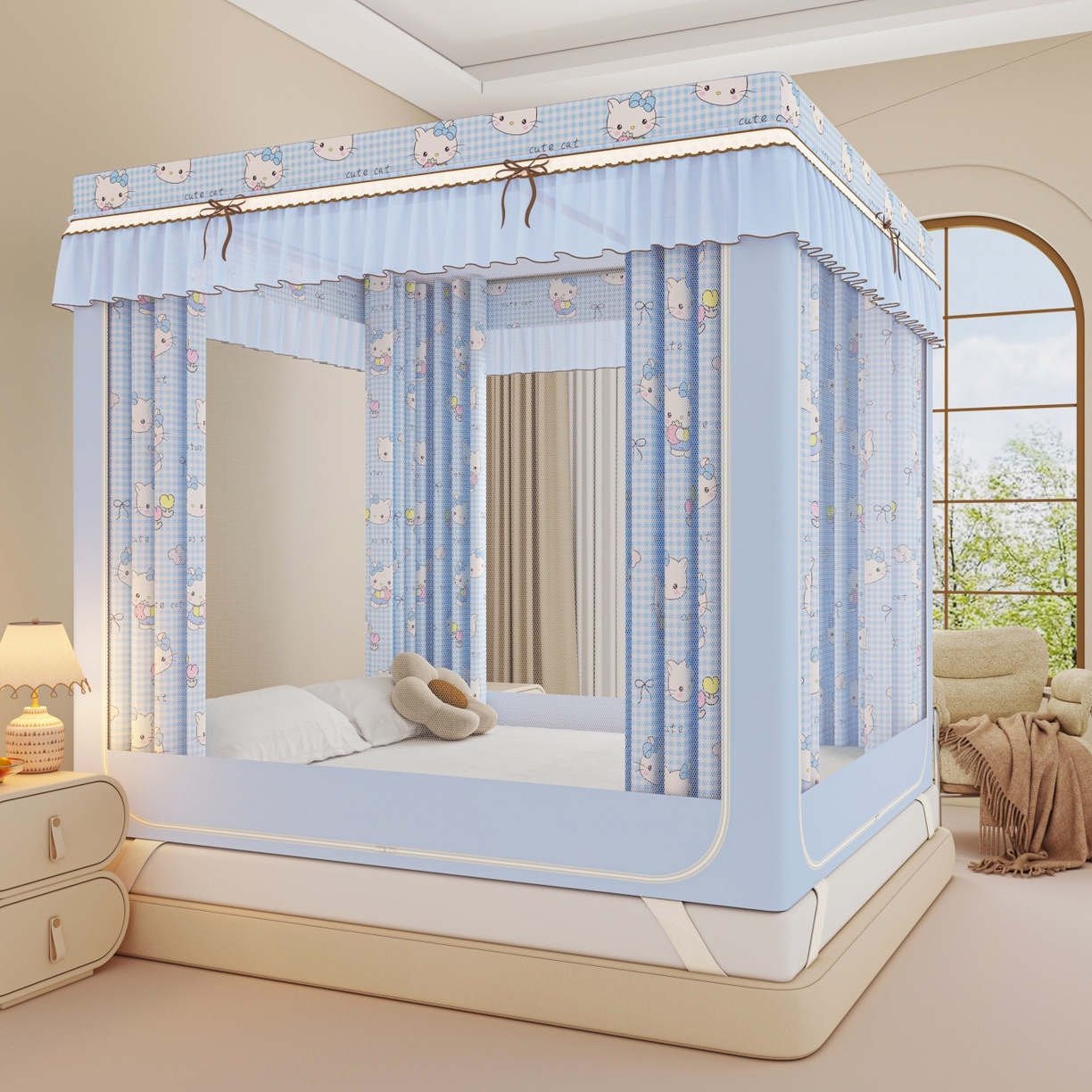 艾晶美家纺有限公司 2025新款韩版卡通印花坐式蚊帐布帘款 Kmi瞄蓝