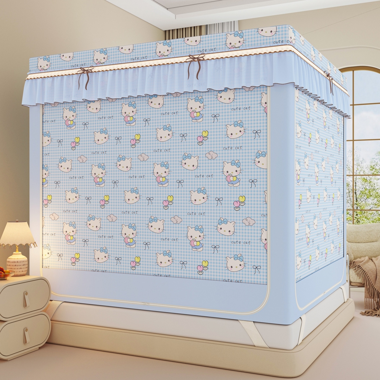 91家纺网 家纺一手货源 找家纺 艾晶美家纺有限公司 2025新款韩版卡通印花坐式蚊帐布帘款 Kmi瞄蓝