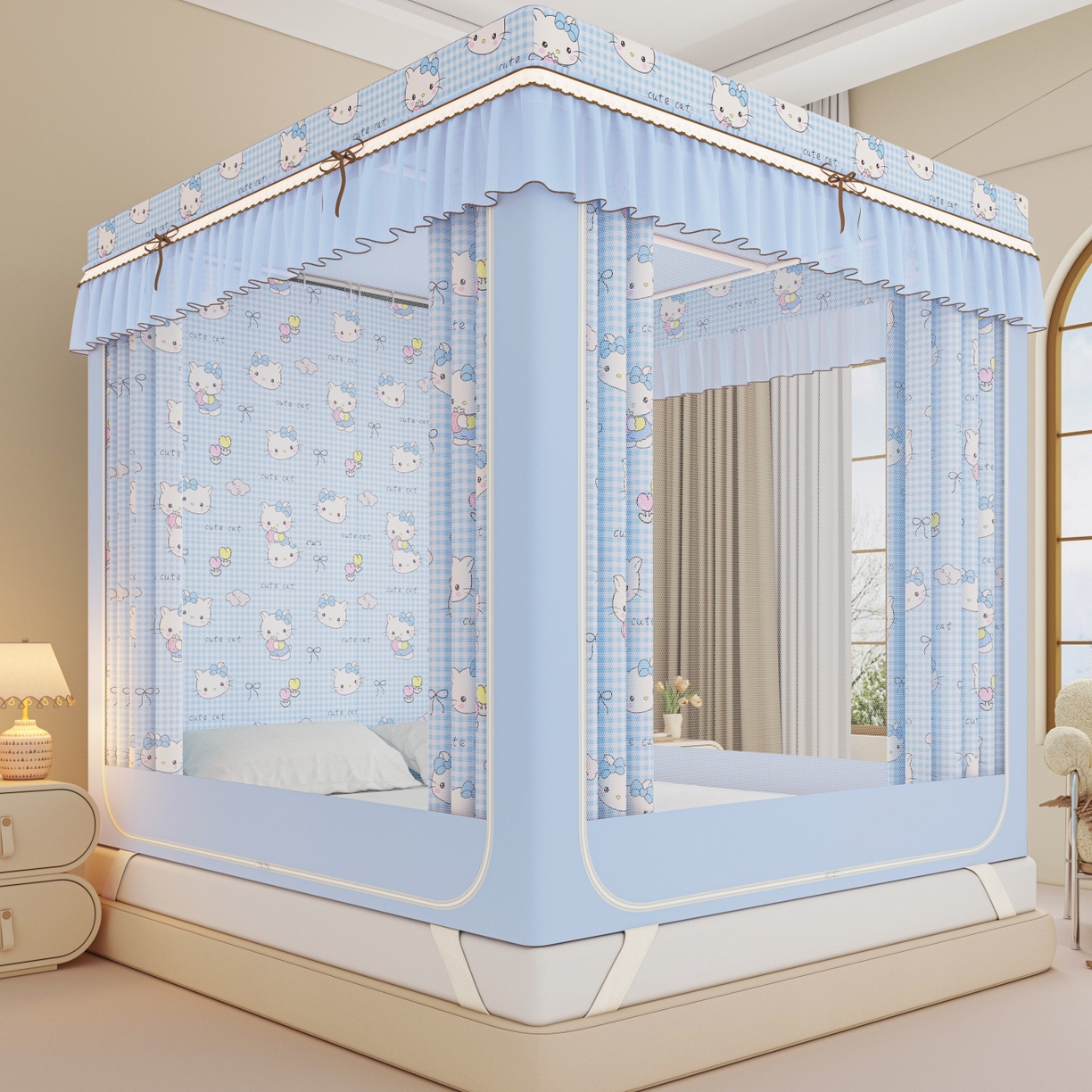 91家纺网 家纺一手货源 找家纺 艾晶美家纺有限公司 2025新款韩版卡通印花坐式蚊帐布帘款 Kmi瞄蓝