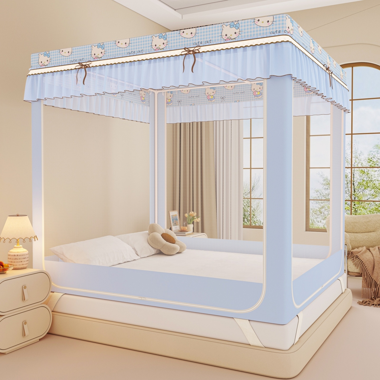 91家纺网 家纺一手货源 找家纺 艾晶美家纺有限公司 2025新款韩版卡通印花坐式蚊帐布帘款 Kmi瞄蓝