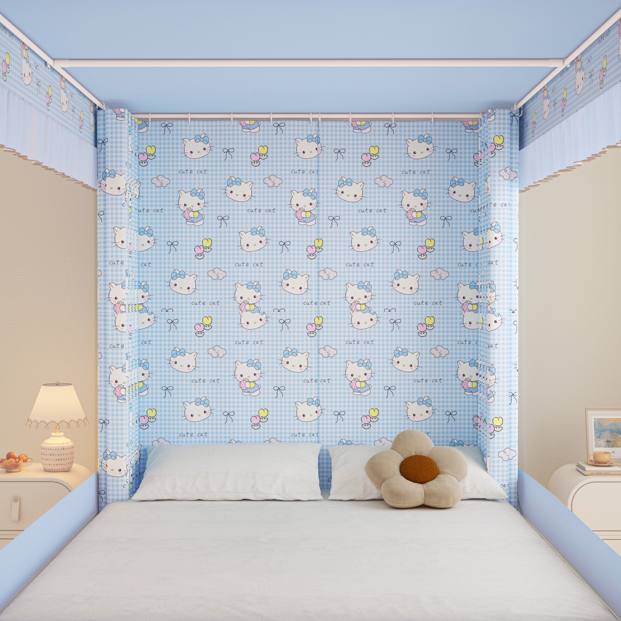 91家纺网 家纺一手货源 找家纺 艾晶美家纺有限公司 2025新款韩版卡通印花坐式蚊帐布帘款 Kmi瞄蓝