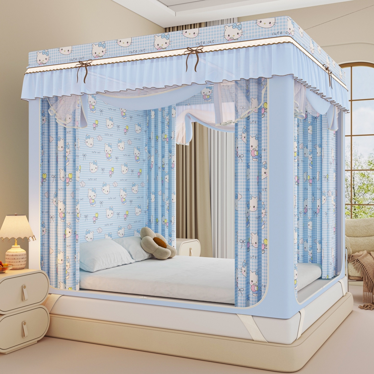 91家纺网 家纺一手货源 找家纺 艾晶美家纺有限公司 2025新款韩版卡通印花坐式蚊帐布帘款 Kmi瞄蓝