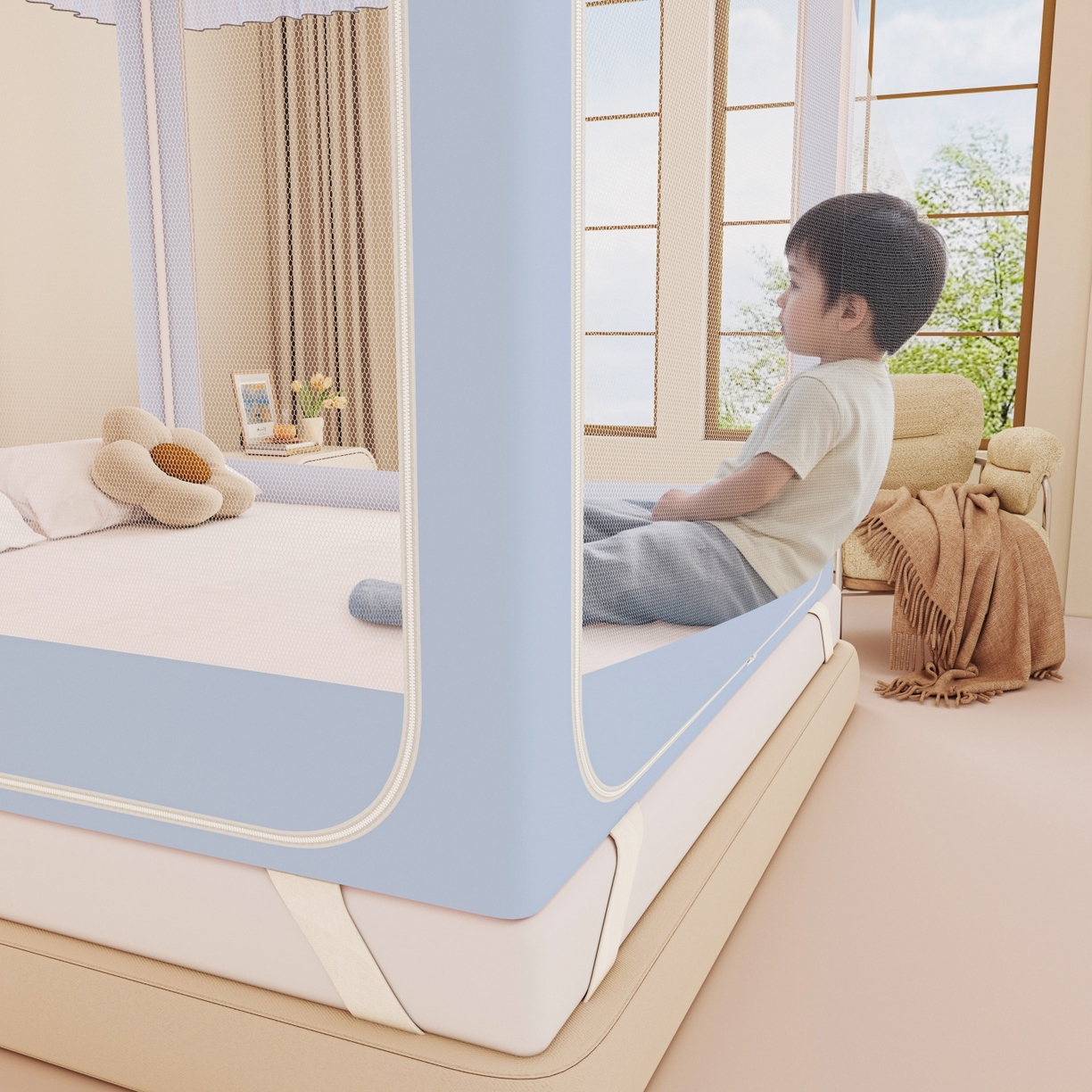 91家纺网 家纺一手货源 找家纺 艾晶美家纺有限公司 2025新款韩版卡通印花坐式蚊帐布帘款 Kmi瞄蓝