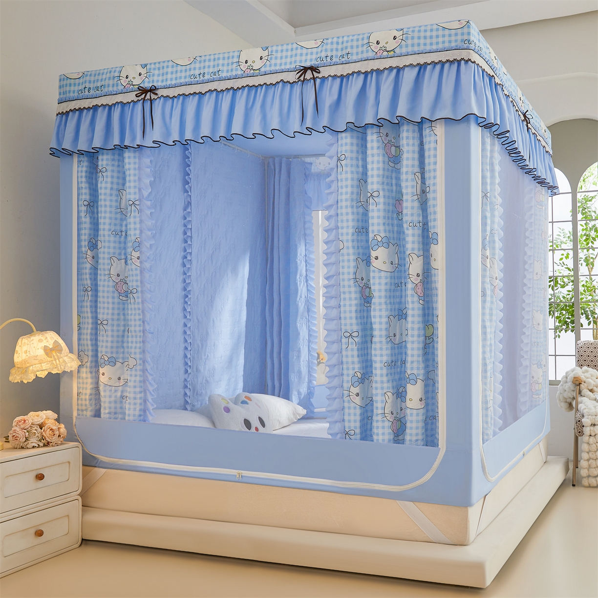 艾晶美家纺有限公司 2025新款韩版坐床夹棉保暖遮光蚊帐 夹棉款-kmi瞄蓝