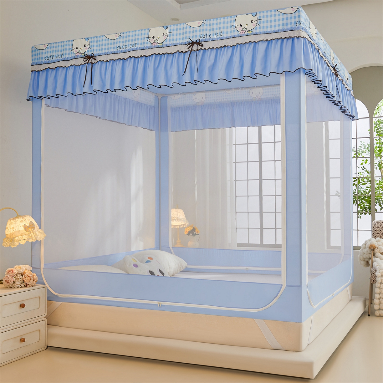 91家纺网 家纺一手货源 找家纺 艾晶美家纺有限公司 2025新款韩版坐床夹棉保暖遮光蚊帐 夹棉款-kmi瞄蓝