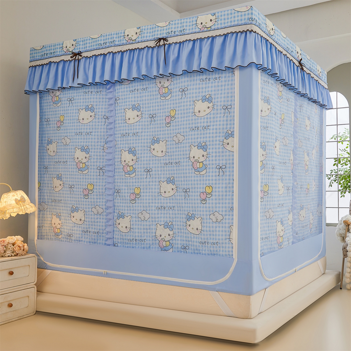 91家纺网 家纺一手货源 找家纺 艾晶美家纺有限公司 2025新款韩版坐床夹棉保暖遮光蚊帐 夹棉款-kmi瞄蓝