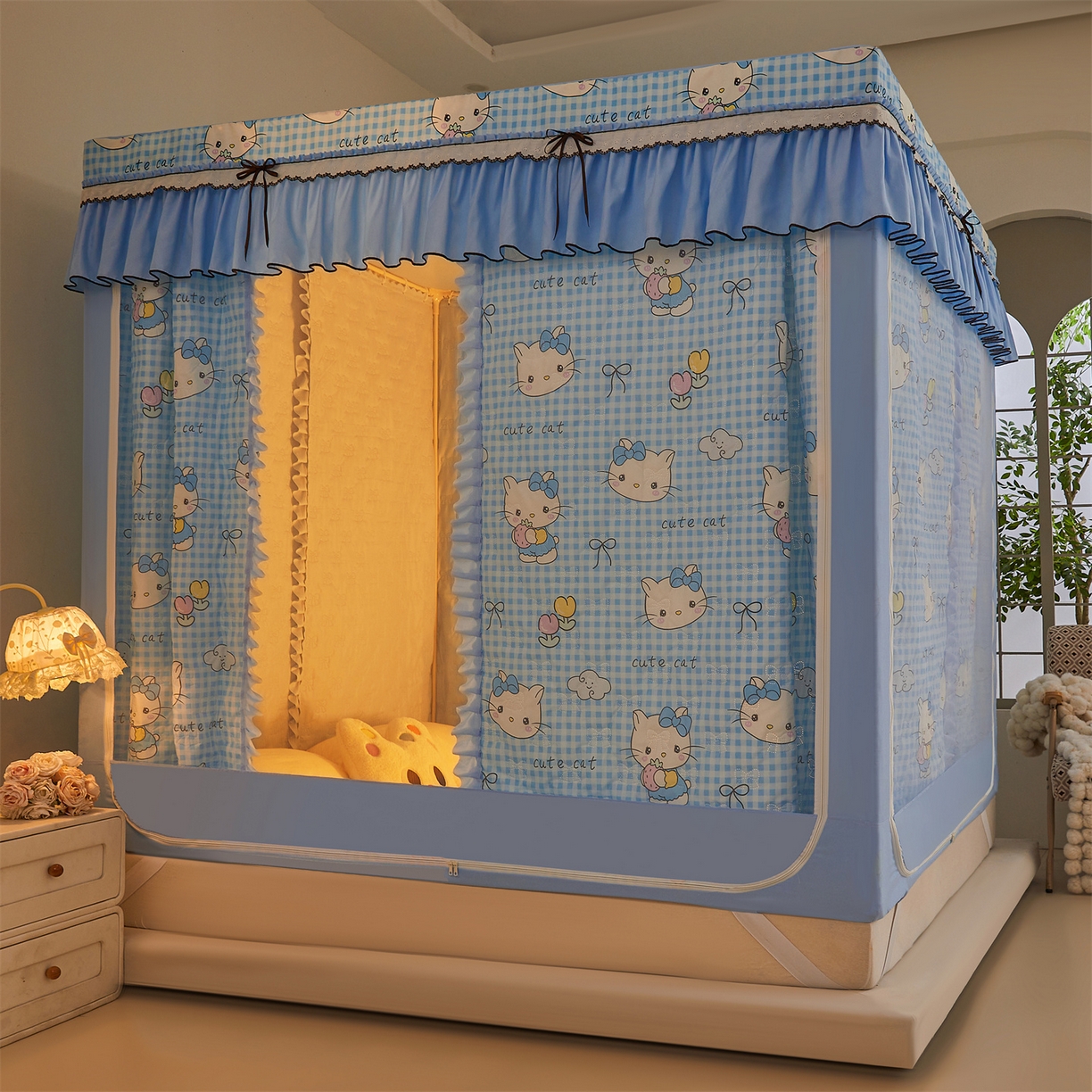 91家纺网 家纺一手货源 找家纺 艾晶美家纺有限公司 2025新款韩版坐床夹棉保暖遮光蚊帐 夹棉款-kmi瞄蓝