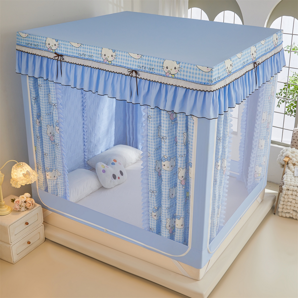 91家纺网 家纺一手货源 找家纺 艾晶美家纺有限公司 2025新款韩版坐床夹棉保暖遮光蚊帐 夹棉款-kmi瞄蓝