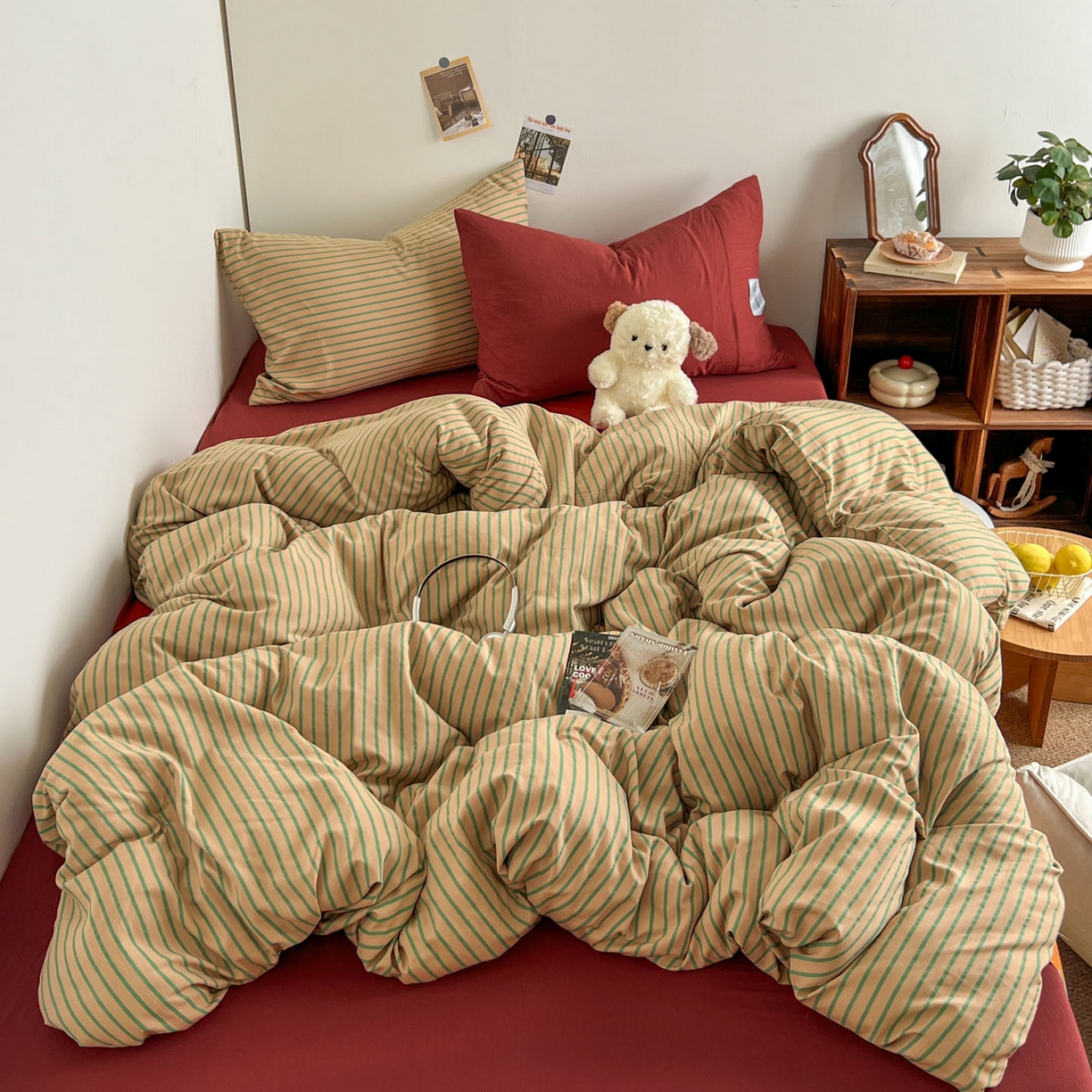 91家纺网 家纺一手货源 找家纺 （总）暖芯优选 2025新款韩式无印风水洗棉拼色学生三件套床单床笠款四件套