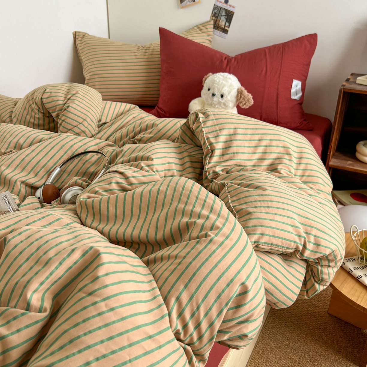 91家纺网 家纺一手货源 找家纺 （总）暖芯优选 2025新款韩式无印风水洗棉拼色学生三件套床单床笠款四件套