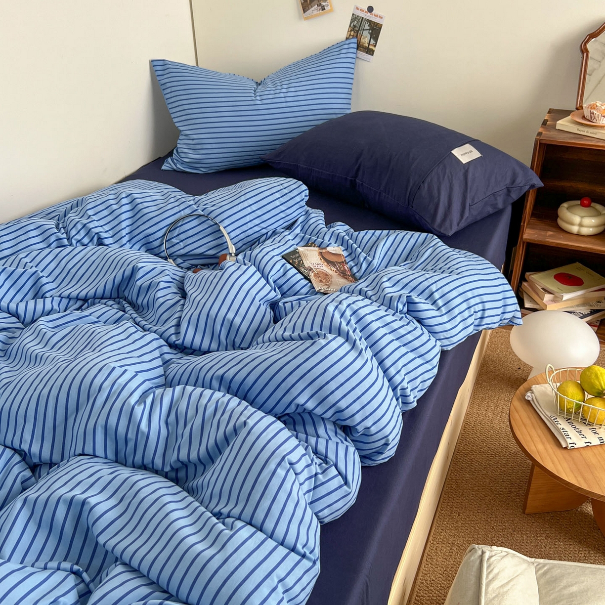 91家纺网 家纺一手货源 找家纺 暖芯优选 2025新款韩式无印风水洗棉拼色学生三件套床单床笠款四件套 条纹海洋蓝+深蓝