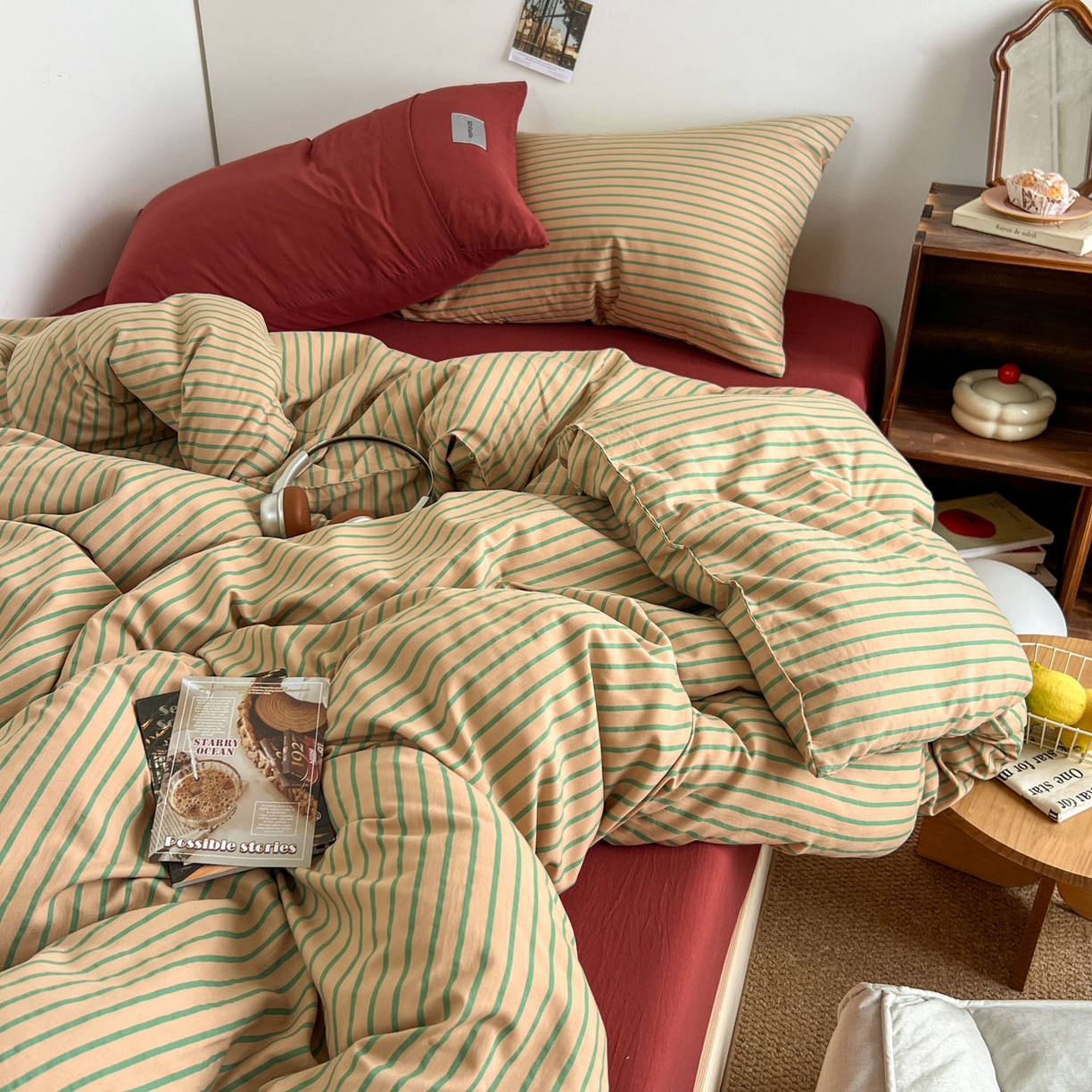 91家纺网 家纺一手货源 找家纺 （总）暖芯优选 2025新款韩式无印风水洗棉拼色学生三件套床单床笠款四件套