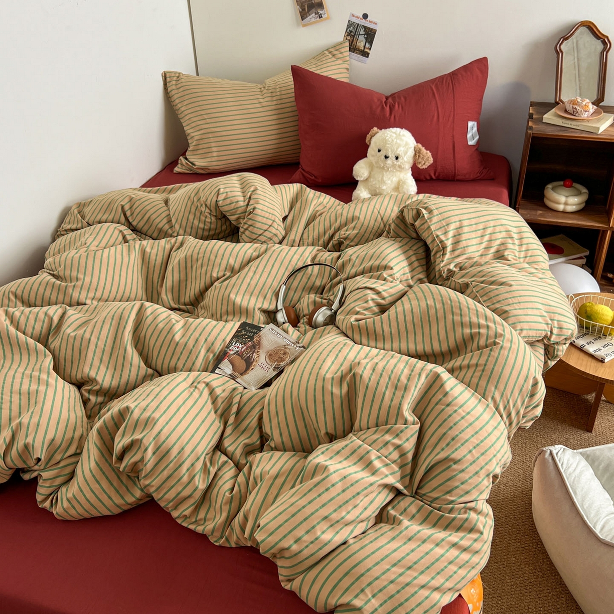 91家纺网 家纺一手货源 找家纺 （总）暖芯优选 2025新款韩式无印风水洗棉拼色学生三件套床单床笠款四件套