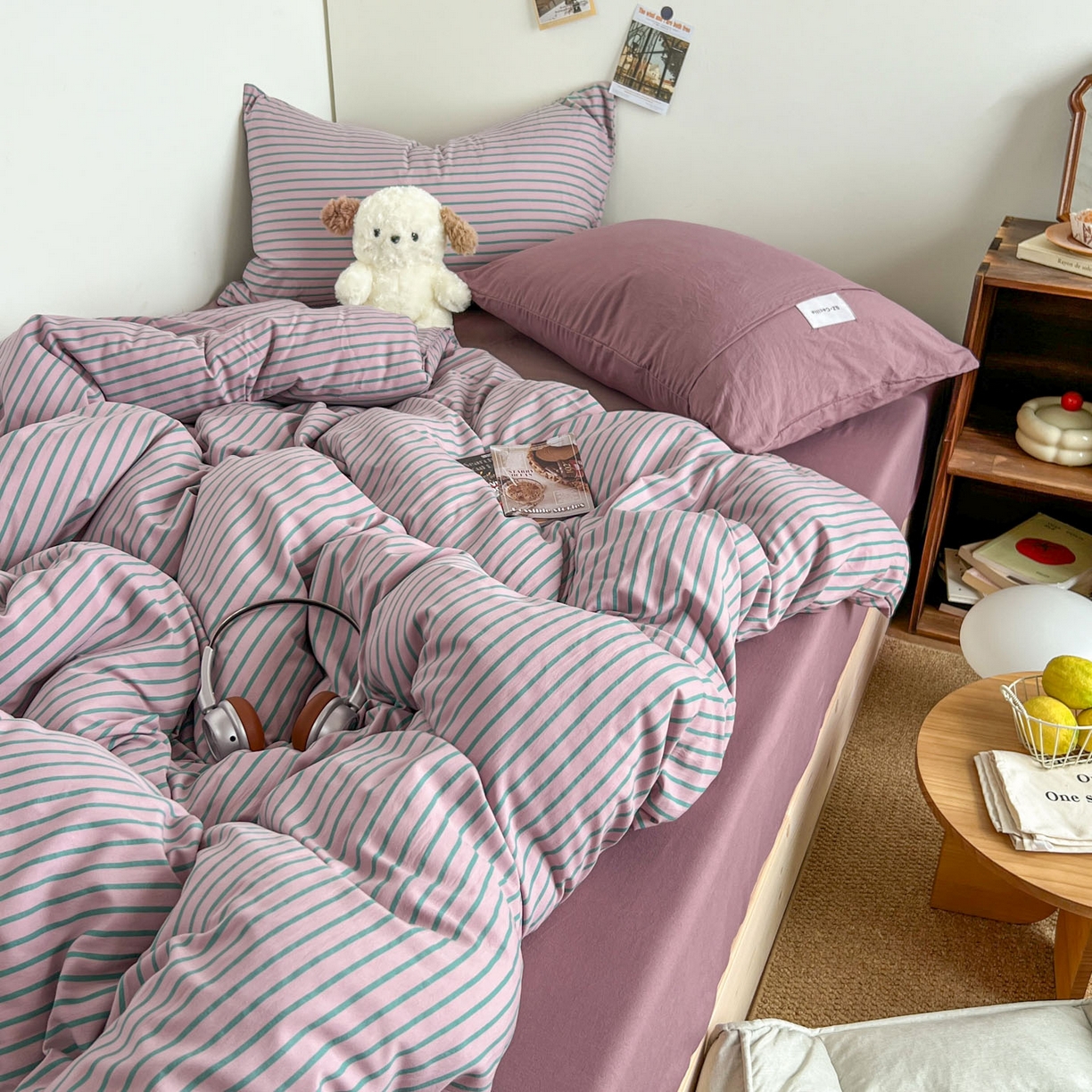 91家纺网 家纺一手货源 找家纺 暖芯优选 2025新款韩式无印风水洗棉拼色学生三件套床单床笠款四件套 条纹香芋紫+深紫