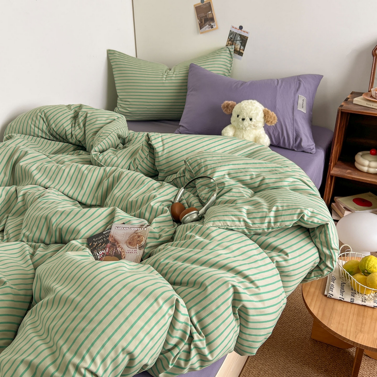 91家纺网 家纺一手货源 找家纺 暖芯优选 2025新款韩式无印风水洗棉拼色学生三件套床单床笠款四件套 条纹抹茶绿+酱紫