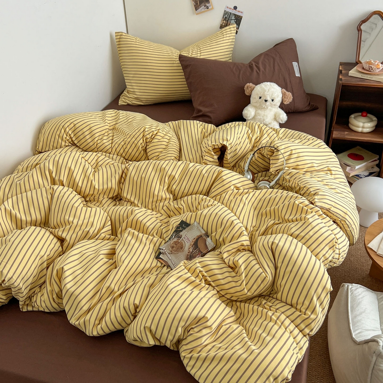 暖芯优选 2025新款韩式无印风水洗棉拼色学生三件套床单床笠款四件套 条纹柠檬黄+咖啡