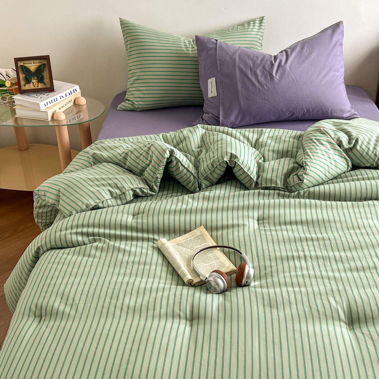 91家纺网 家纺一手货源 找家纺 暖芯优选 2025新款水洗棉冬被被子被芯 条纹绿+酱紫