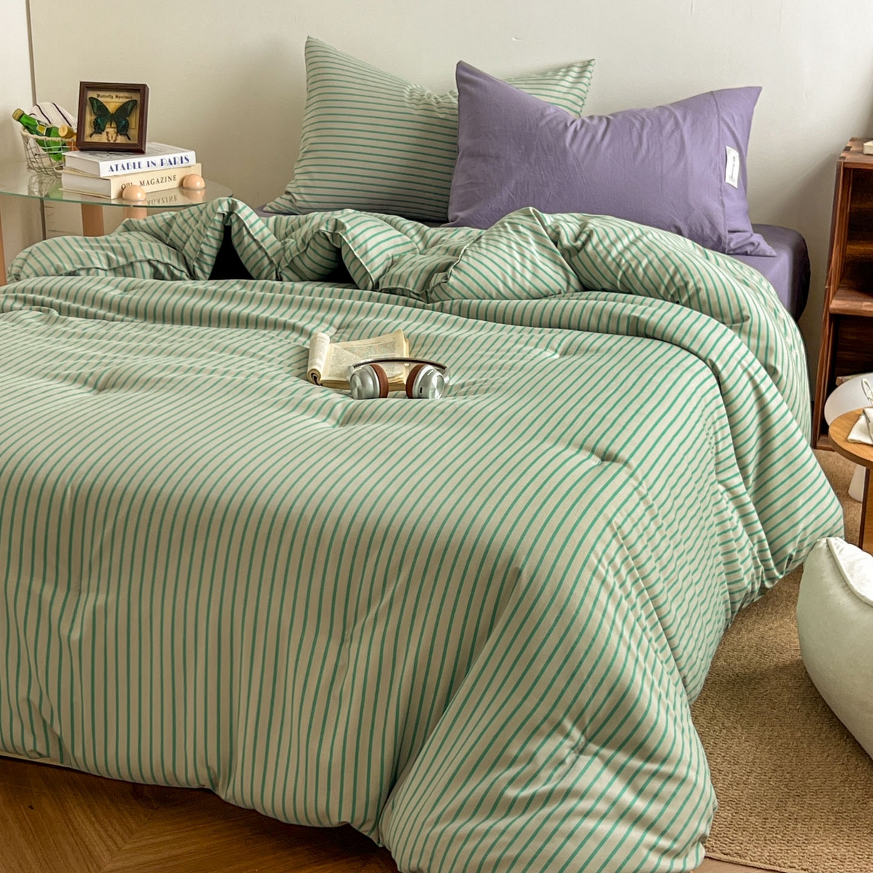 91家纺网 家纺一手货源 找家纺 暖芯优选 2025新款水洗棉冬被被子被芯 条纹绿+酱紫