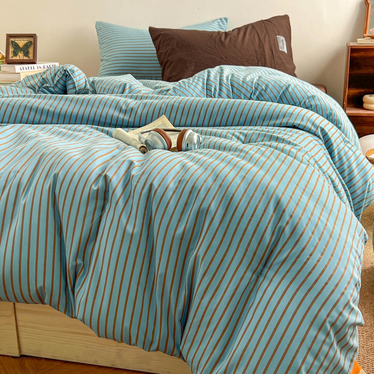 91家纺网 家纺一手货源 找家纺 暖芯优选 2025新款水洗棉冬被被子被芯 条纹水蓝+咖啡