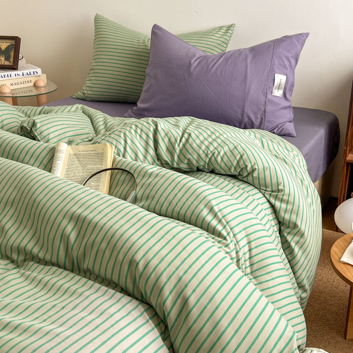 91家纺网 家纺一手货源 找家纺 暖芯优选 2025新款水洗棉冬被被子被芯 条纹绿+酱紫