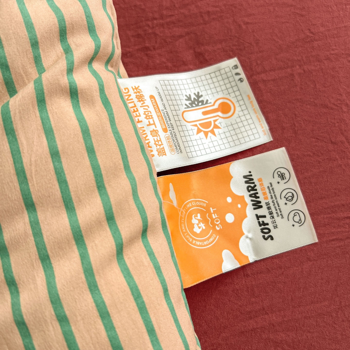 91家纺网 家纺一手货源 找家纺 暖芯优选 2025新款水洗棉冬被被子被芯 条纹卡其+砖红