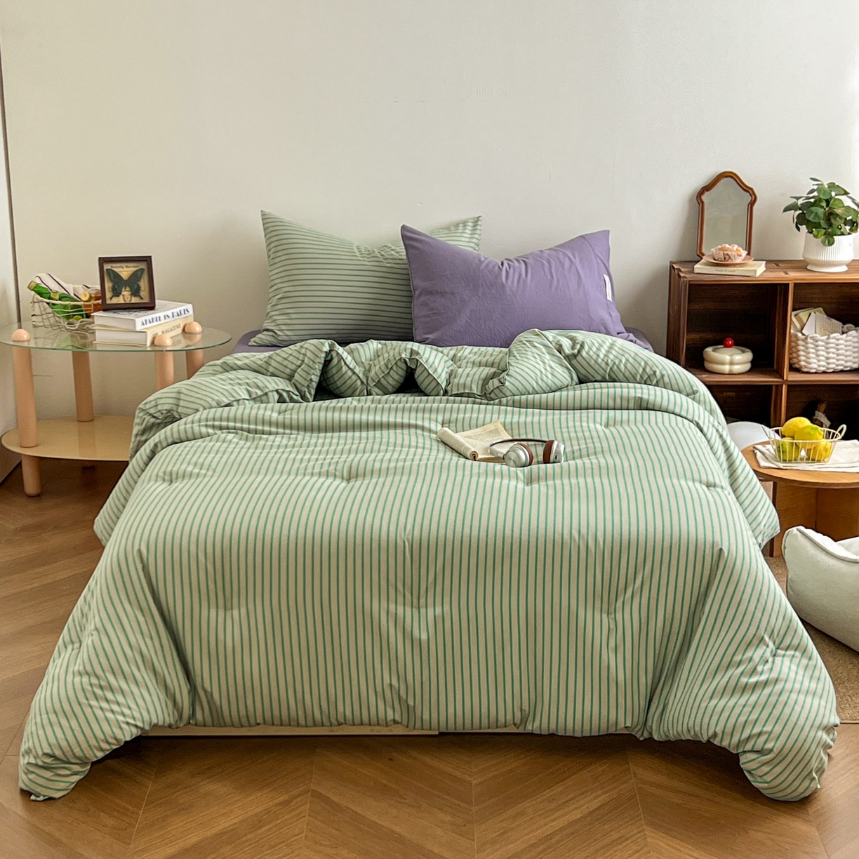 91家纺网 家纺一手货源 找家纺 暖芯优选 2025新款水洗棉冬被被子被芯 条纹绿+酱紫