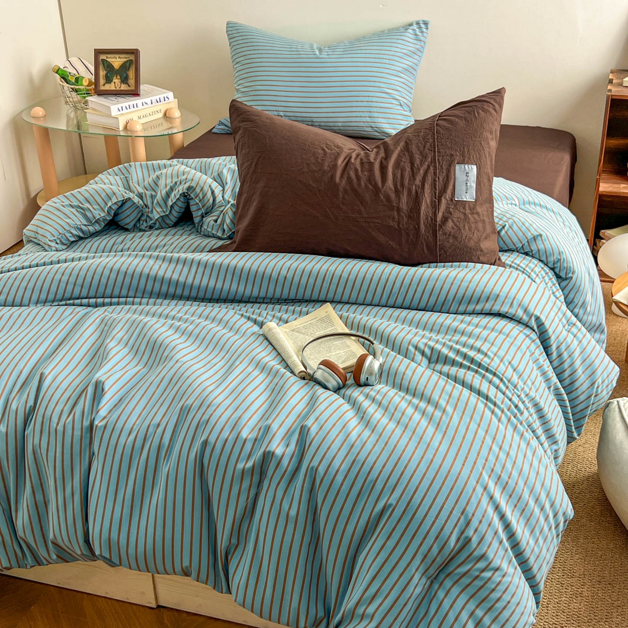 91家纺网 家纺一手货源 找家纺 暖芯优选 2025新款水洗棉冬被被子被芯 条纹水蓝+咖啡