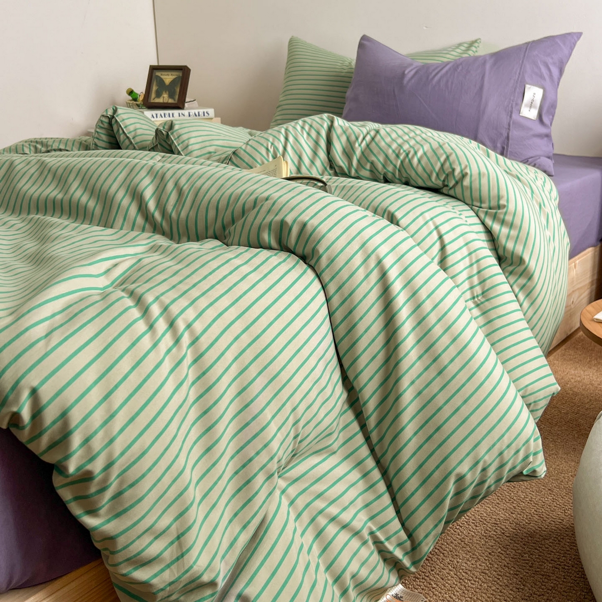 91家纺网 家纺一手货源 找家纺 暖芯优选 2025新款水洗棉冬被被子被芯 条纹绿+酱紫