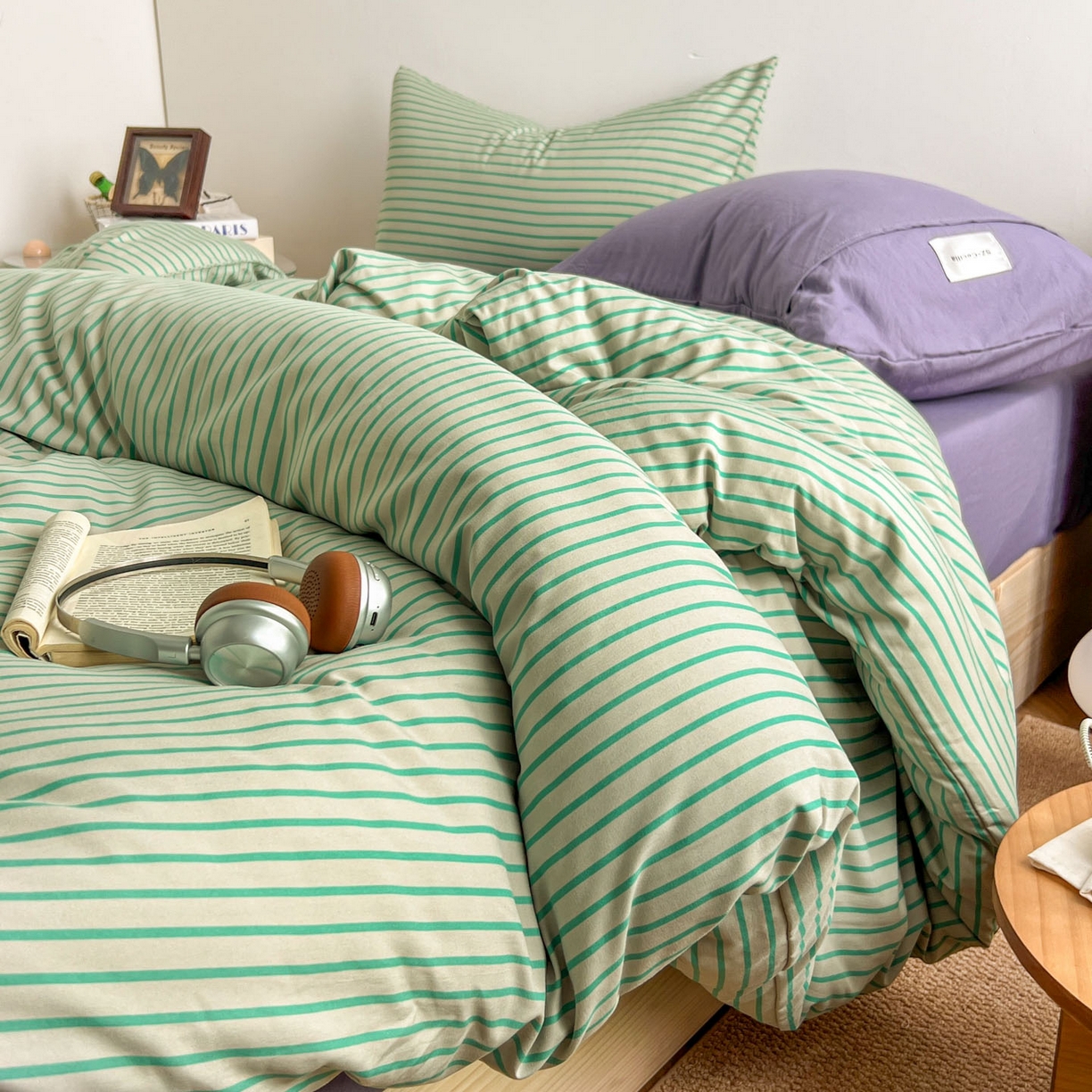 91家纺网 家纺一手货源 找家纺 暖芯优选 2025新款水洗棉冬被被子被芯 条纹绿+酱紫