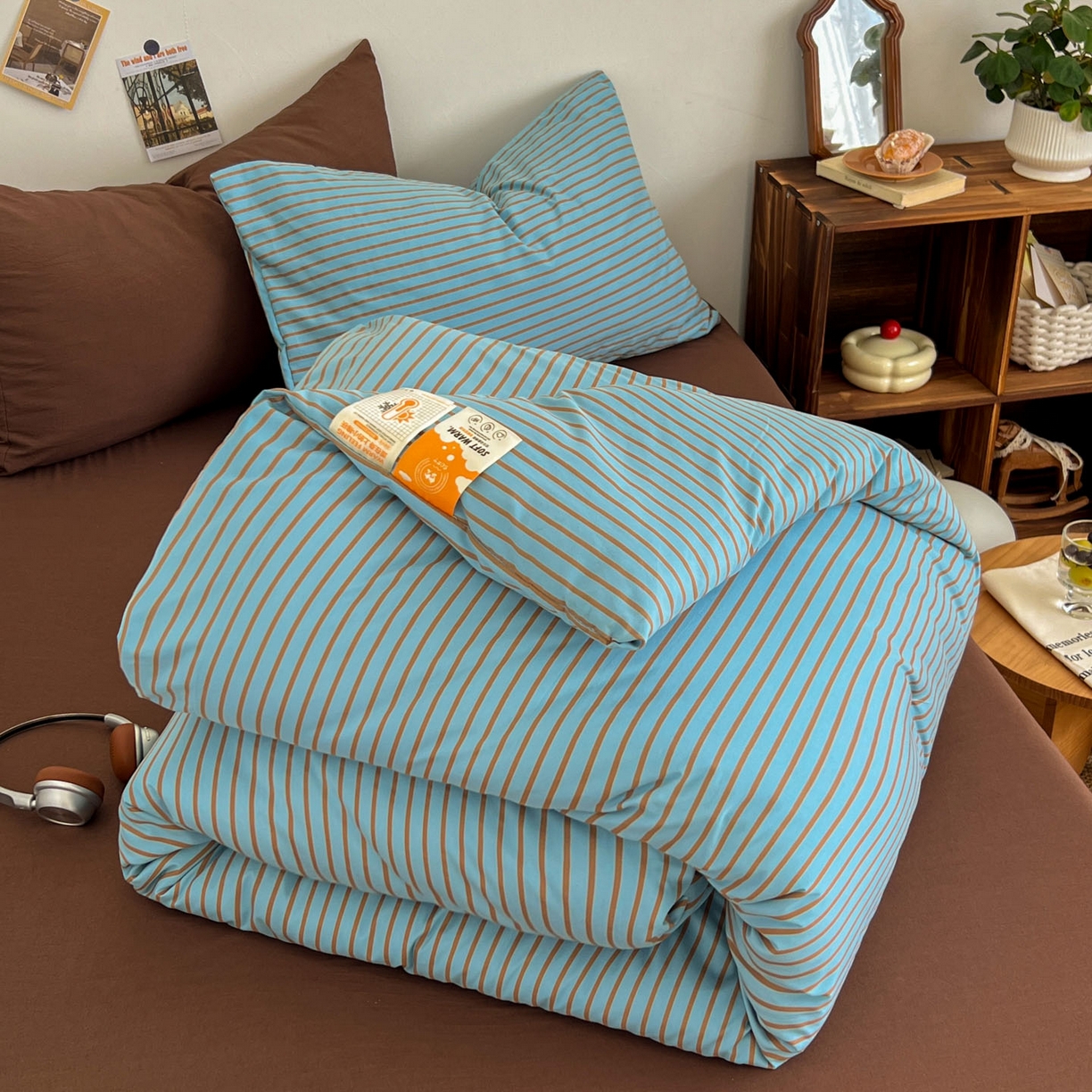 91家纺网 家纺一手货源 找家纺 暖芯优选 2025新款水洗棉冬被被子被芯 条纹水蓝+咖啡