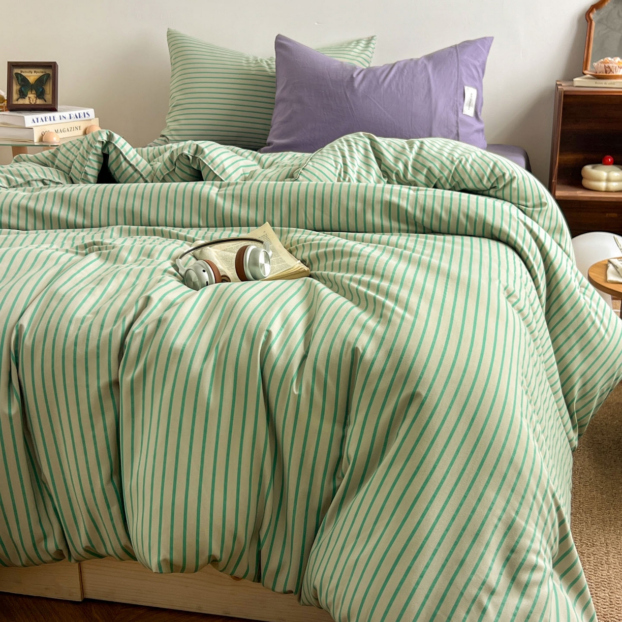 91家纺网 家纺一手货源 找家纺 暖芯优选 2025新款水洗棉冬被被子被芯 条纹绿+酱紫