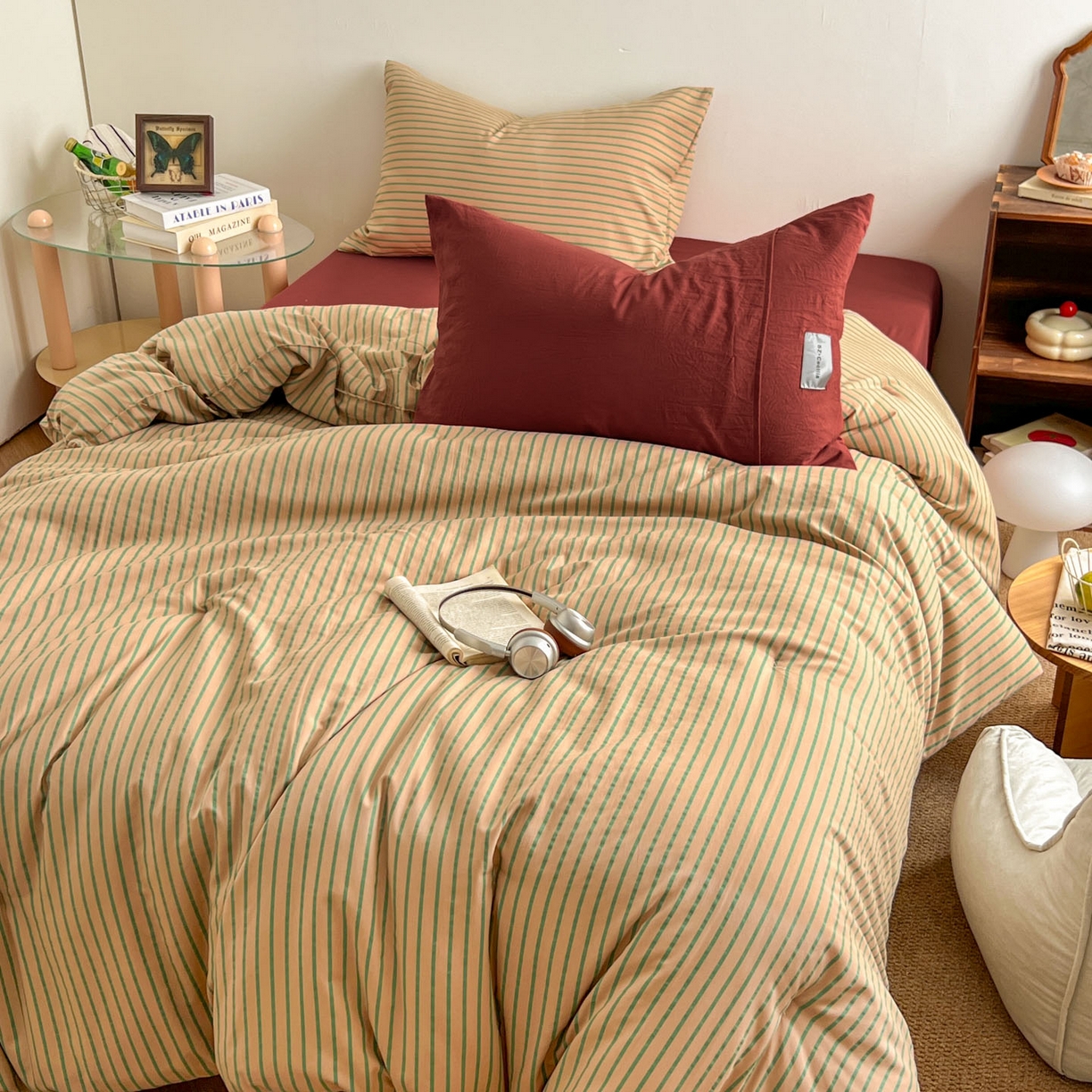 91家纺网 家纺一手货源 找家纺 暖芯优选 2025新款水洗棉冬被被子被芯 条纹卡其+砖红