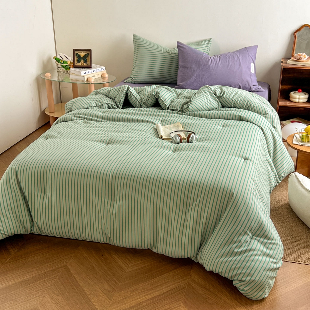 91家纺网 家纺一手货源 找家纺 暖芯优选 2025新款水洗棉冬被被子被芯 条纹绿+酱紫