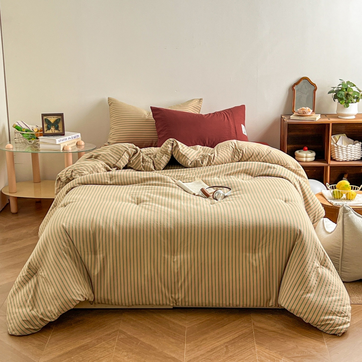 91家纺网 家纺一手货源 找家纺 暖芯优选 2025新款水洗棉冬被被子被芯 条纹卡其+砖红