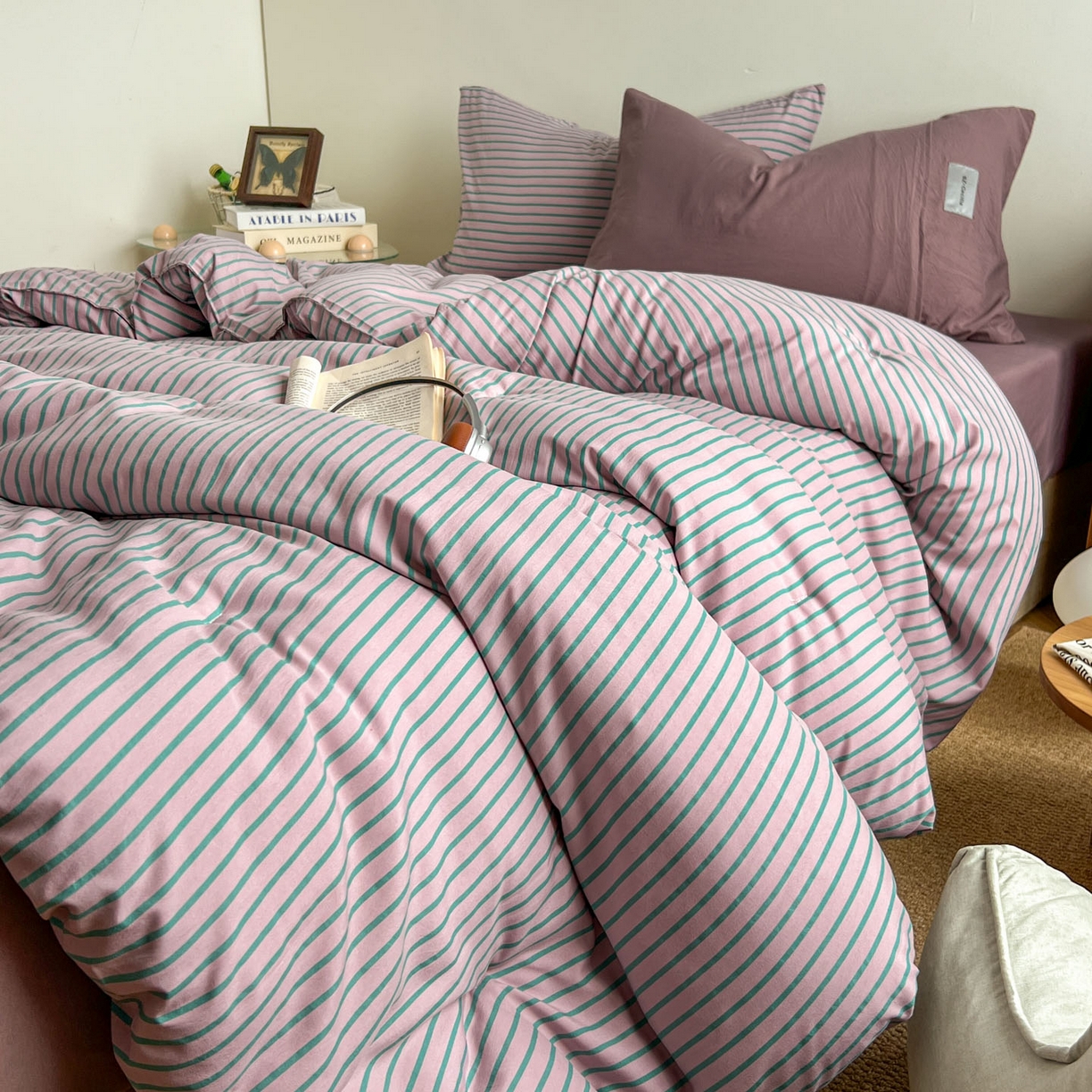 91家纺网 家纺一手货源 找家纺 暖芯优选 2025新款水洗棉冬被被子被芯 条纹浅紫+香芋紫