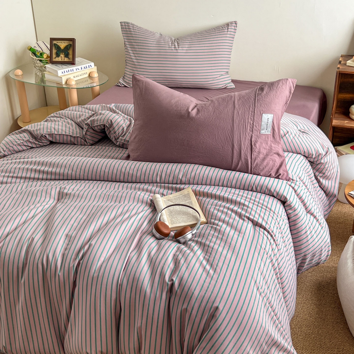 91家纺网 家纺一手货源 找家纺 暖芯优选 2025新款水洗棉冬被被子被芯 条纹浅紫+香芋紫