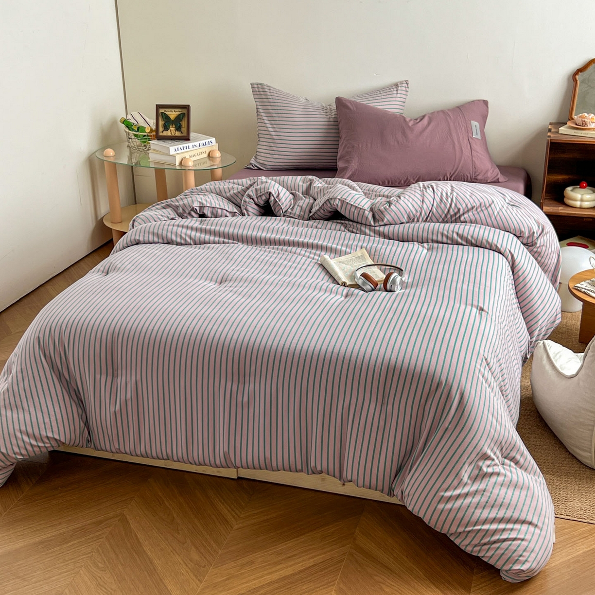 91家纺网 家纺一手货源 找家纺 暖芯优选 2025新款水洗棉冬被被子被芯 条纹浅紫+香芋紫