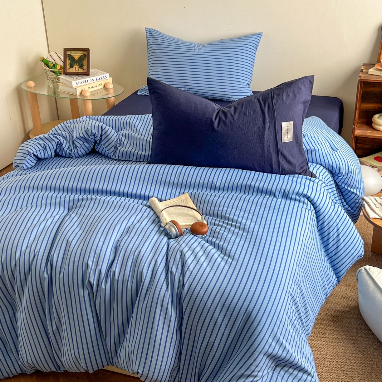 91家纺网 家纺一手货源 找家纺 暖芯优选 2025新款水洗棉冬被被子被芯 条纹蓝+深蓝