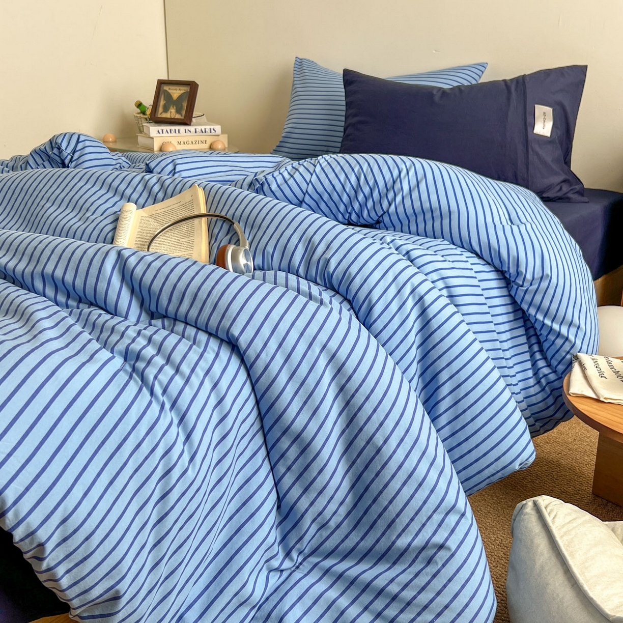 91家纺网 家纺一手货源 找家纺 暖芯优选 2025新款水洗棉冬被被子被芯 条纹蓝+深蓝