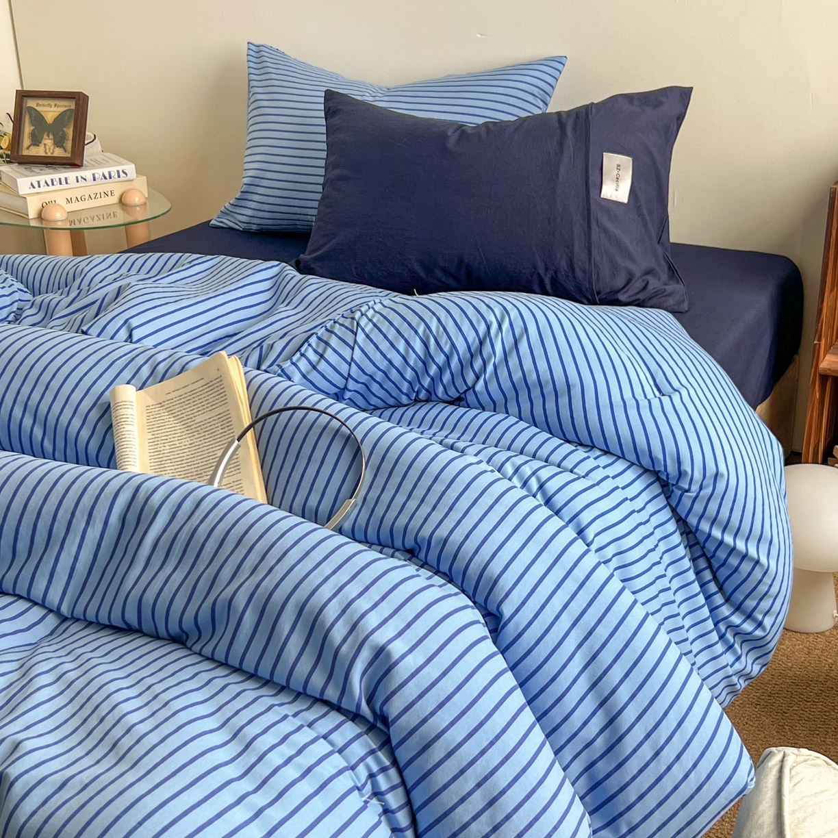 91家纺网 家纺一手货源 找家纺 暖芯优选 2025新款水洗棉冬被被子被芯 条纹蓝+深蓝