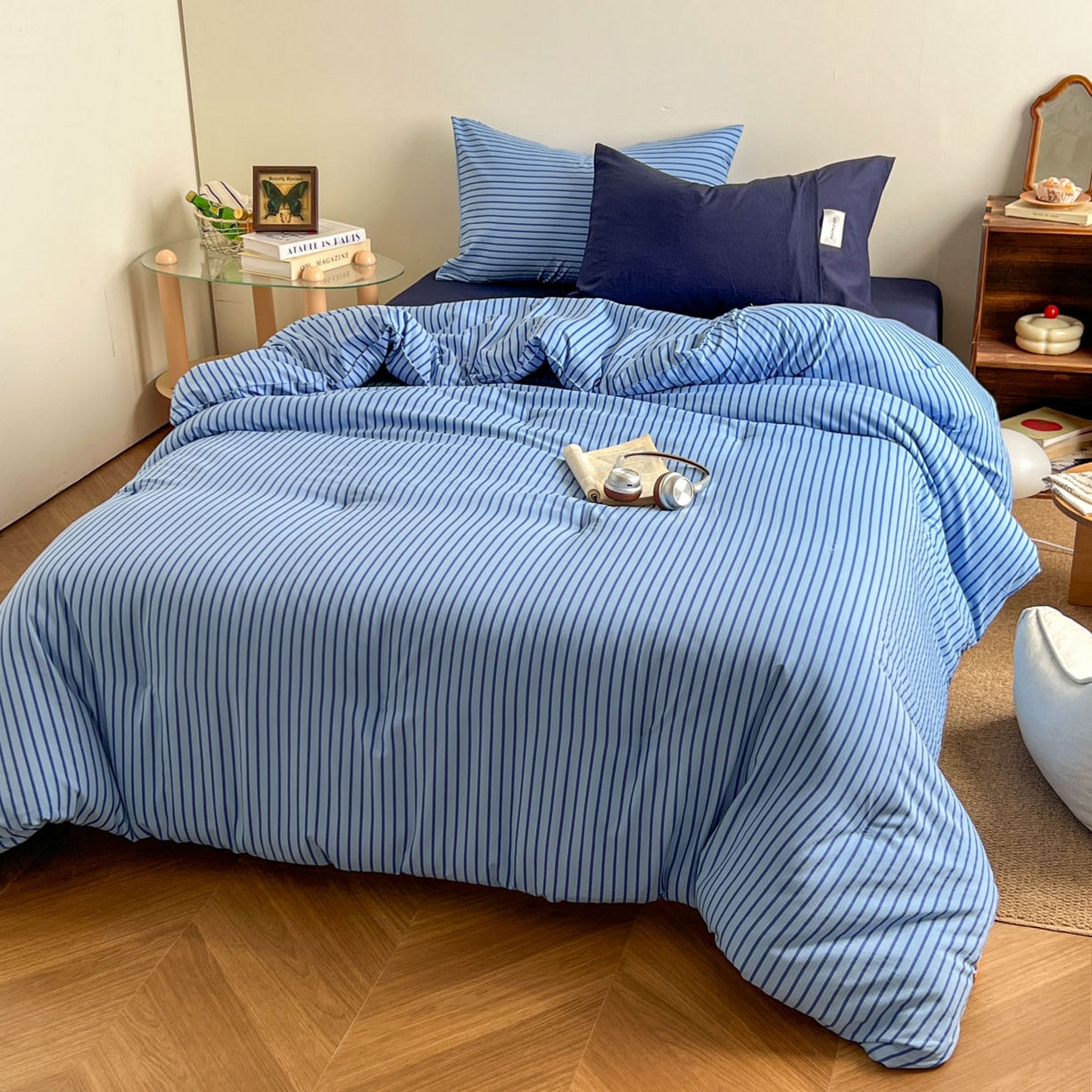 91家纺网 家纺一手货源 找家纺 暖芯优选 2025新款水洗棉冬被被子被芯 条纹蓝+深蓝