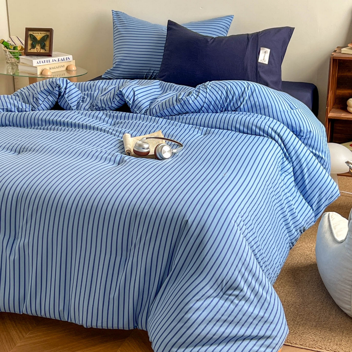 91家纺网 家纺一手货源 找家纺 暖芯优选 2025新款水洗棉冬被被子被芯 条纹蓝+深蓝