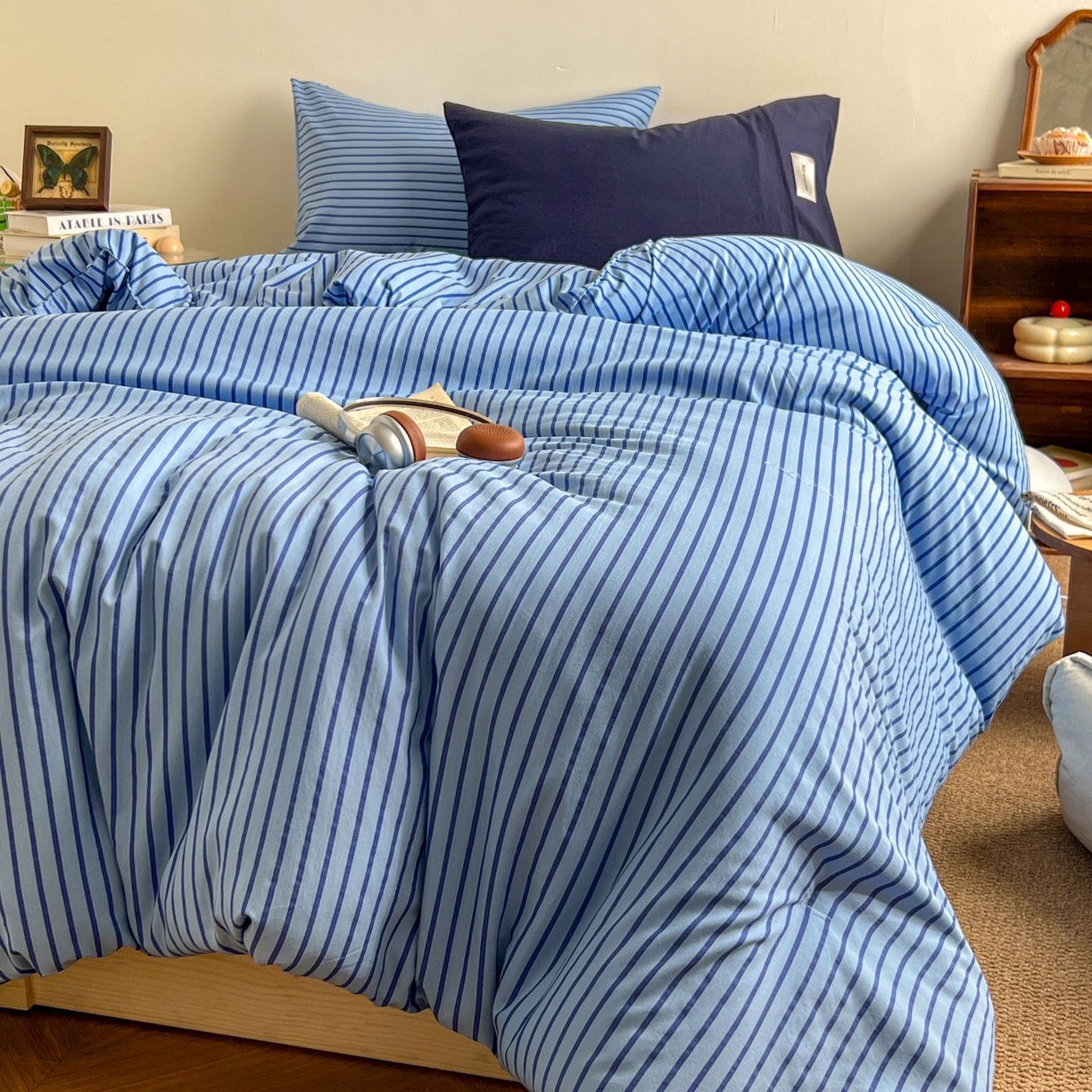 91家纺网 家纺一手货源 找家纺 暖芯优选 2025新款水洗棉冬被被子被芯 条纹蓝+深蓝