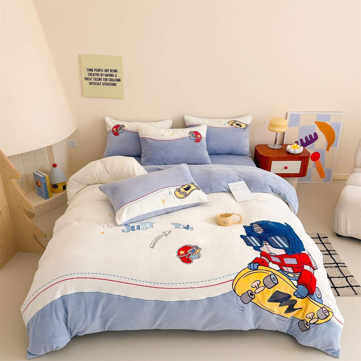 91家纺网 家纺一手货源 找家纺 （总）2025冬季新品MBT工艺款加厚230g高克重牛奶绒绣花四件套-滑板金刚 会员减20元【控价：券后298/328起】