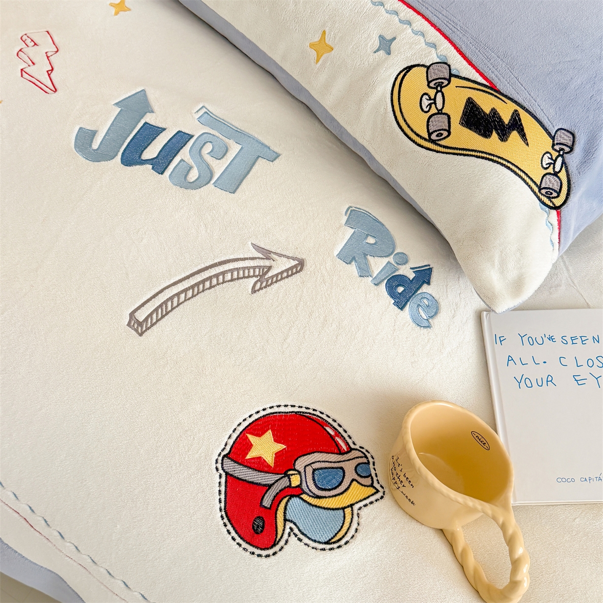 91家纺网 家纺一手货源 找家纺 （总）2025冬季新品MBT工艺款加厚230g高克重牛奶绒绣花四件套-滑板金刚 会员减20元【控价：券后298/328起】