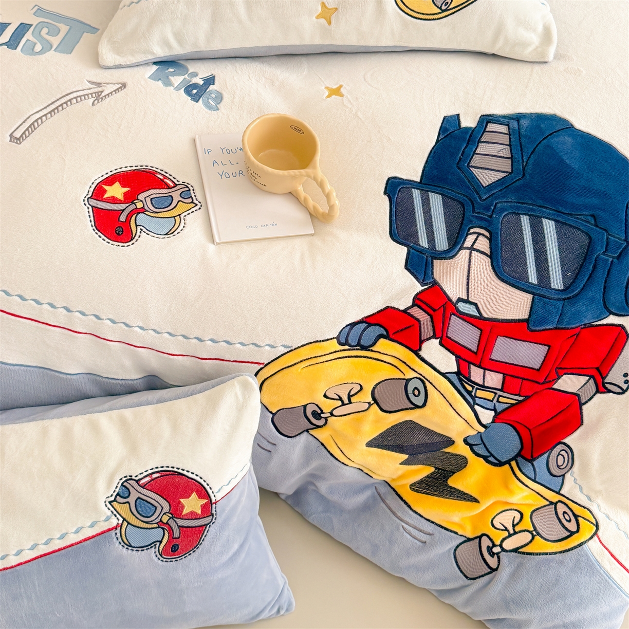 91家纺网 家纺一手货源 找家纺 （总）2025冬季新品MBT工艺款加厚230g高克重牛奶绒绣花四件套-滑板金刚 会员减20元【控价：券后298/328起】