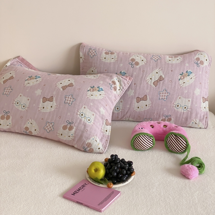 91家纺网 家纺一手货源 找家纺 麻依 2025新款治愈风全棉纯棉四层纱布枕巾 粉星KT