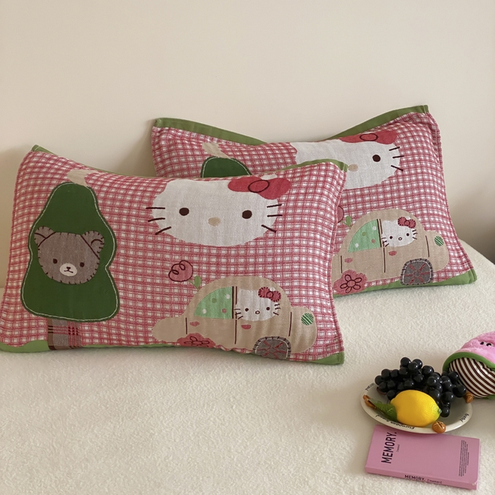 麻依 2025新款治愈风全棉纯棉四层纱布枕巾 KT时光